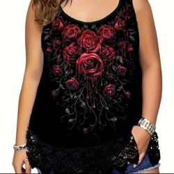 New Rose Print Tank Top - Flattering Crochet Contrast Lace Trim 3X 4X