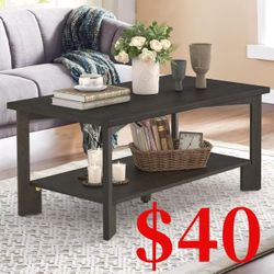 Wood Coffee Table, 39" Rectangle Rustic Center Table with 2-Tier Storage Shelf for Living Room ( Dark Brown ) (Dark Wood) (Grey) (Walnut&White)