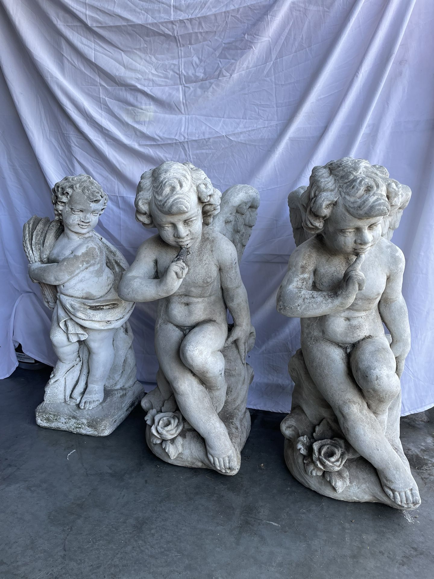 Set of 3 Vintage Concrete/Cement Cherubim Garden Statues