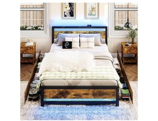 Rustic Wood Queen Size Bed Frame with 4 Storage Drawers, Platform Storage Bed Queen with Headboard and Charging, LED Queen Bed Frame, Heavy Duty Metal
