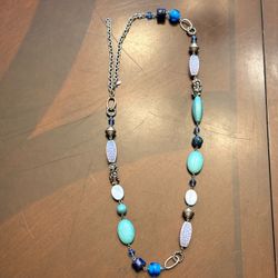 Premier Designs Turquoise Blue Glass Station Long Chain Strand Necklace PD Signed