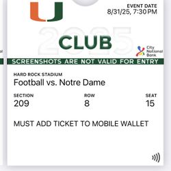 Miami Hurricanes Vs Notre Dame 2 Tickets And Parking Pass
