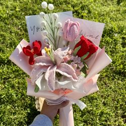 Crochet pink lily and red rose bouquet
