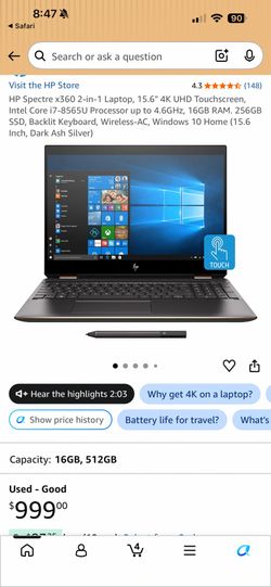 HP Spectre x360 4K 16 GB RAM 512 GB SSD 15.6 w/NVIDIA Graphics Card