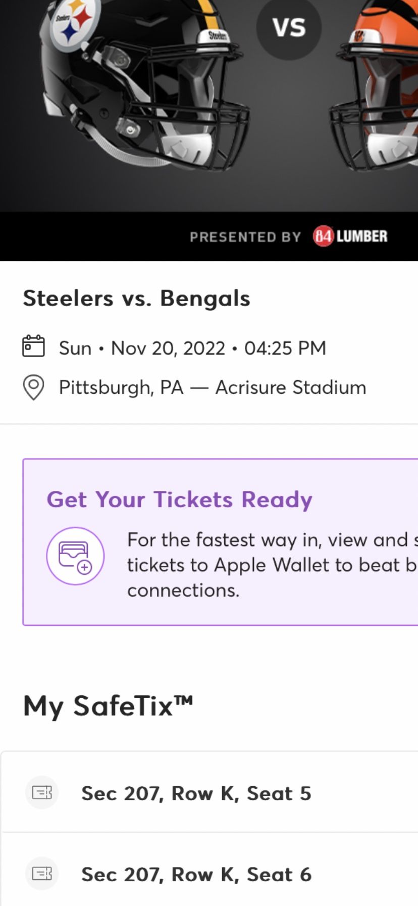 Steelers Bengals Tickets!