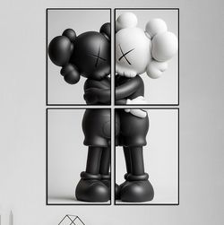 4 Piece Modern Kaws Custom Art Picture Poster Print With Borderless Glass Frames.