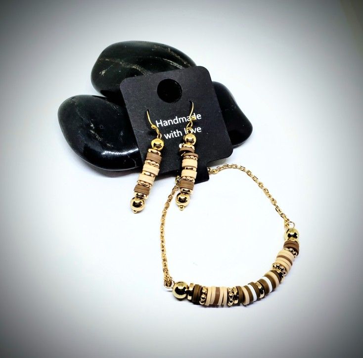 Tans, Browns  & Gold Beaded Bracelet & Earring Set