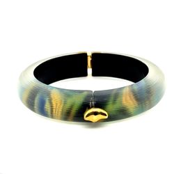 Alexis Bittar Lucite Hinged Bangle Bracelet Hand Painted Blue Green Gold Tone