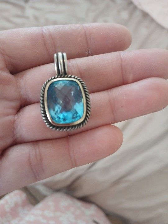 Vibrant Blue LG Checkered Cfancy Cut Bezel Snap On 925 Silver Pendant.