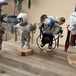 9 kachinas, Native American pottery and wall sculpture