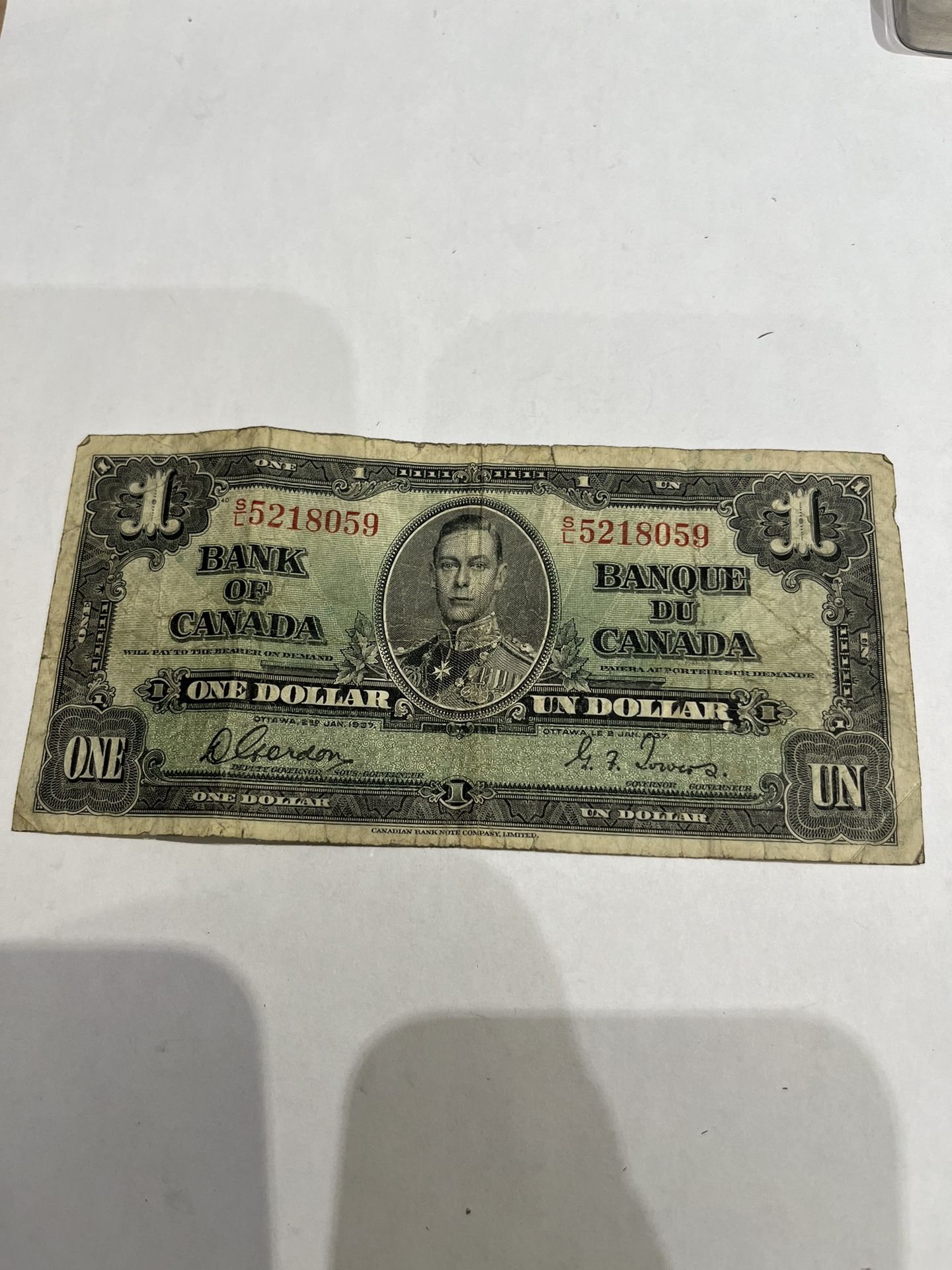 1937 Bank Of Canada One Dollar 