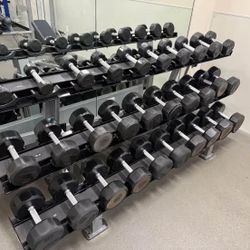 FOR SALE: Full Rubber Hex Dumbbell Set + 3-Tier Rack – 5 to 75 lbs 💪– - $900 (Irvine)