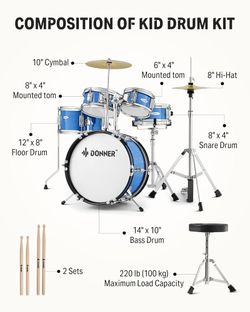 Kids Drum Sets-Donner 5-Piece for Beginners,14 inch Junior Drum Kit, with Adjustable Throne