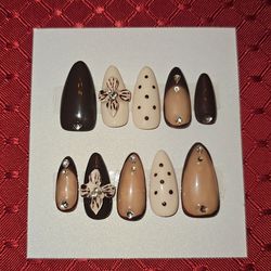 Press-On Nails | Long Almond | Brown & Cream w/ Painted Accents & 3D Flowers (#20)