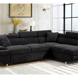 Brand New Black Plush Sectional Sofa Converts Into Bed & Adjustable Headrest 