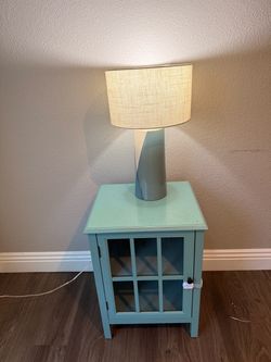 Teal Wood Side Table with Glass Door Cabinet +lamp