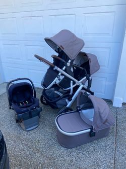 Theo Uppababy V2 Vista Double Stroller with bassinet and car seat