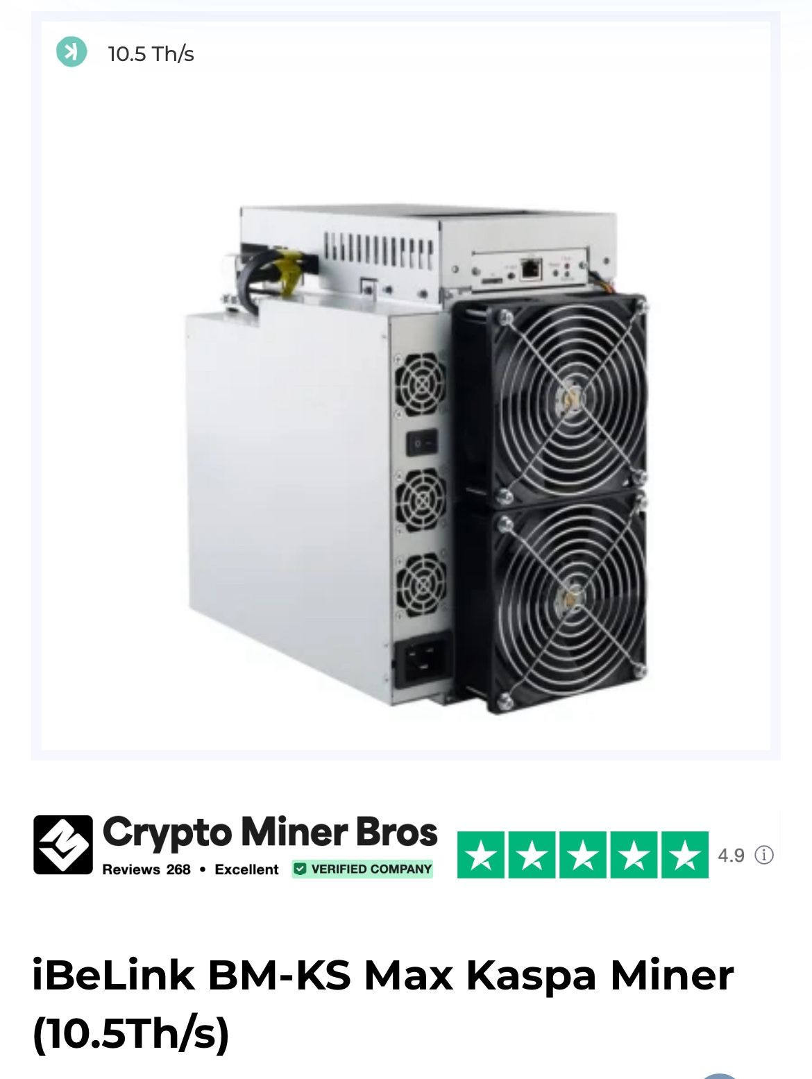 CRYPTO MINER / KASPA MINER iBeLink BM-KS Max Kaspa Miner (10.5Th/s)