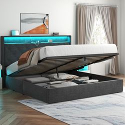 Queen Lift Up Bed Frame with Charging Station & LED Lights, Upholstered Bed with Button Tufted Wingback Storage Headboard, Hydraulic Storage, No Box S