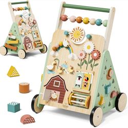 Lehoo Castle Wooden Baby Walker, Adjustable Speed Montessori Walker with Activity Center for Boys Girls, Baby Push Walker Toys for 1 Year Old Learning