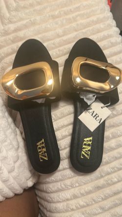 Zara Black Slide Sandals with Gold Hardware