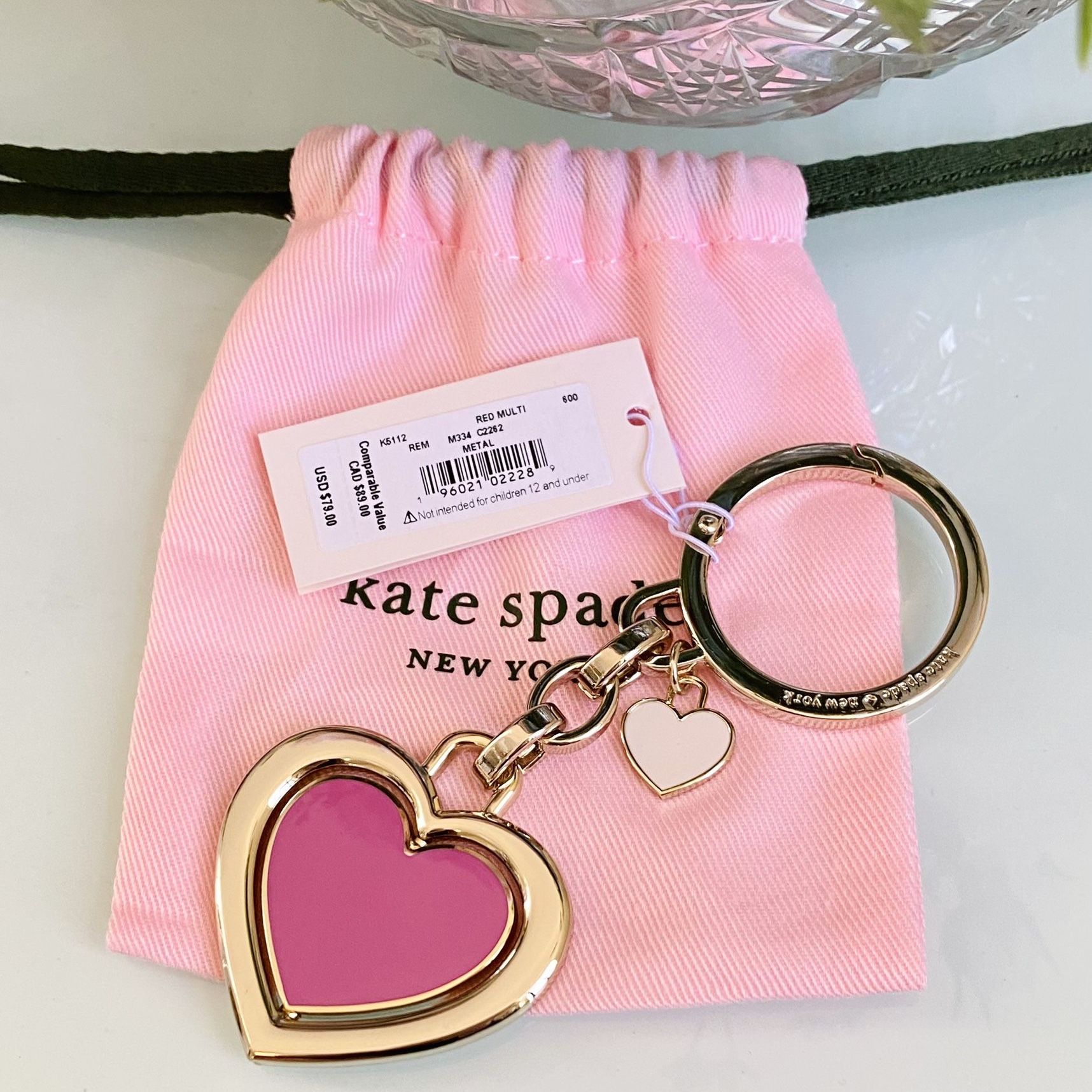 Kate Spade Glitter Swivel Heart Spade Keychain Hot Pink Silver