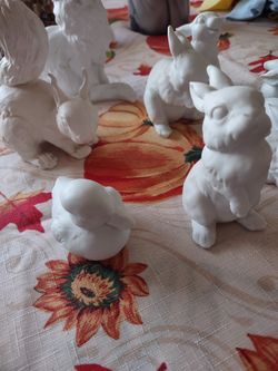 5 Bisque Bunnies, A Duck, A Cat, And A Squirrel 