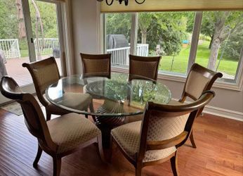 Drexel Heritage Round Glass Top Dining Table with 6 Upholstered Chairs
