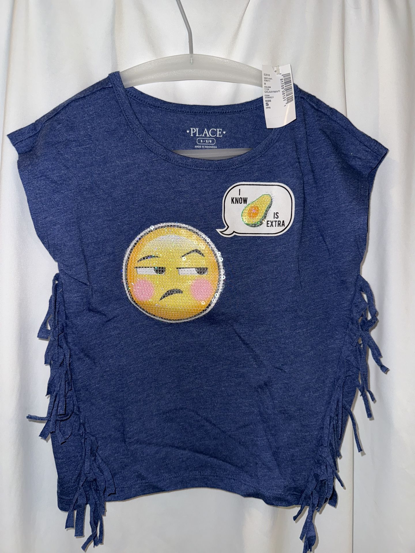 BNWT Girls Shirt, Size Small, The Children’s Place Brand, Avacado, Emoji, Fringe Shirt