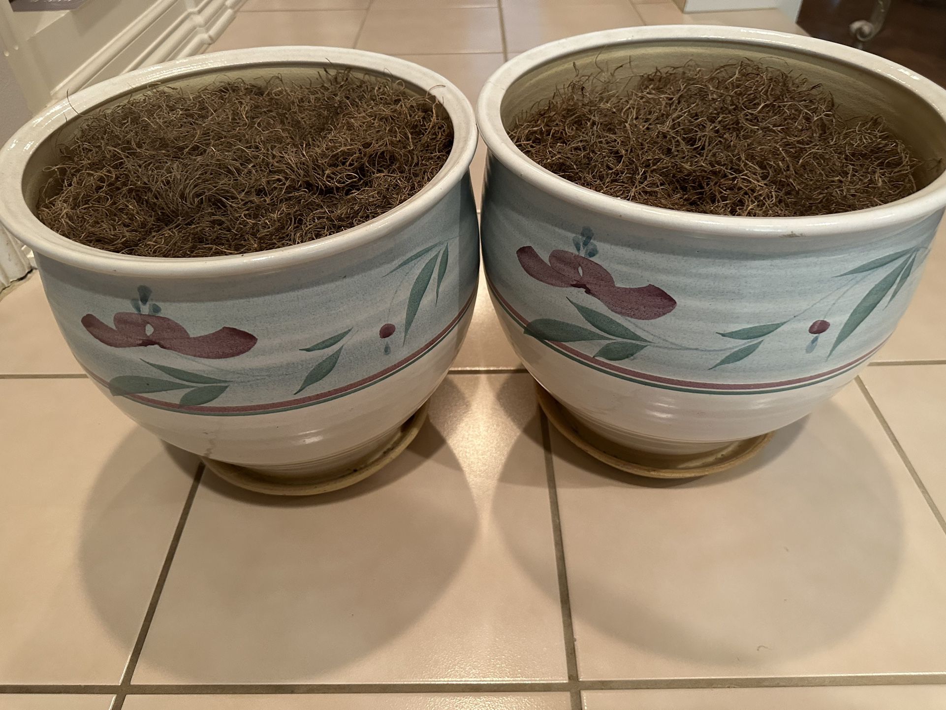 Pair Of 12”x12”  Decorative Ceramic Planter Pots With Shredded Brown Filling And Built-in Saucers