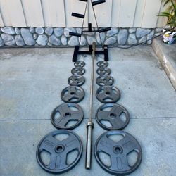Olympic Weights, 7-ft Bar, Bench, Weight Holder Tree