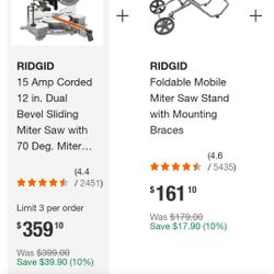 Rigid 12" DBL BEVEL COMPOUND MITRE CHOP SAW AND STAND