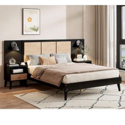 Merax Solid Wood & Rattan Queen Size Bed Frame with 2 Nightstands & Lamps Headboard, Platform Night Stand Bedroom Set, No Box Spring Needed