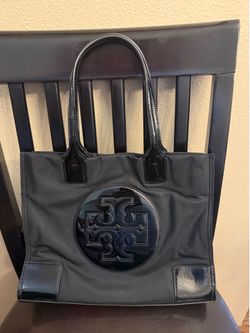 Tory Burch Ella Tote – Black Nylon & Patent Leather