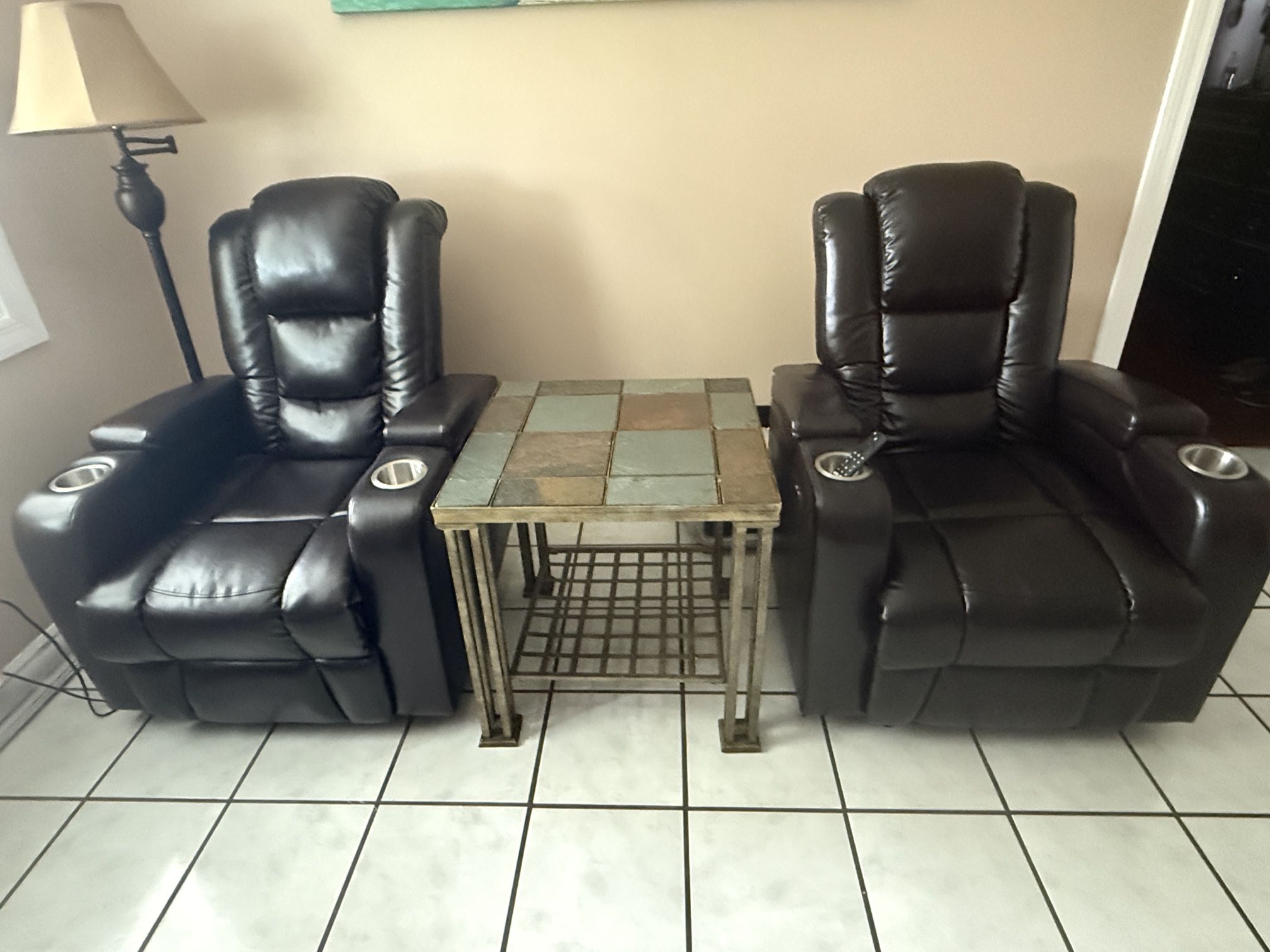 Two Leather Recliner Electric Chairs With End Table
