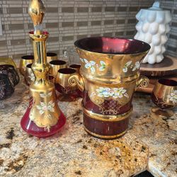 Vintage Rocco Red & Gold Glassware Set – Cognac, Water Cups, Decanter, Ice Bucket