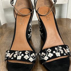 Sugar Black suede floral embroidered block heel 