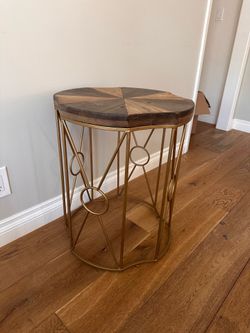 Rustic Wood & Gold Accent Side Table