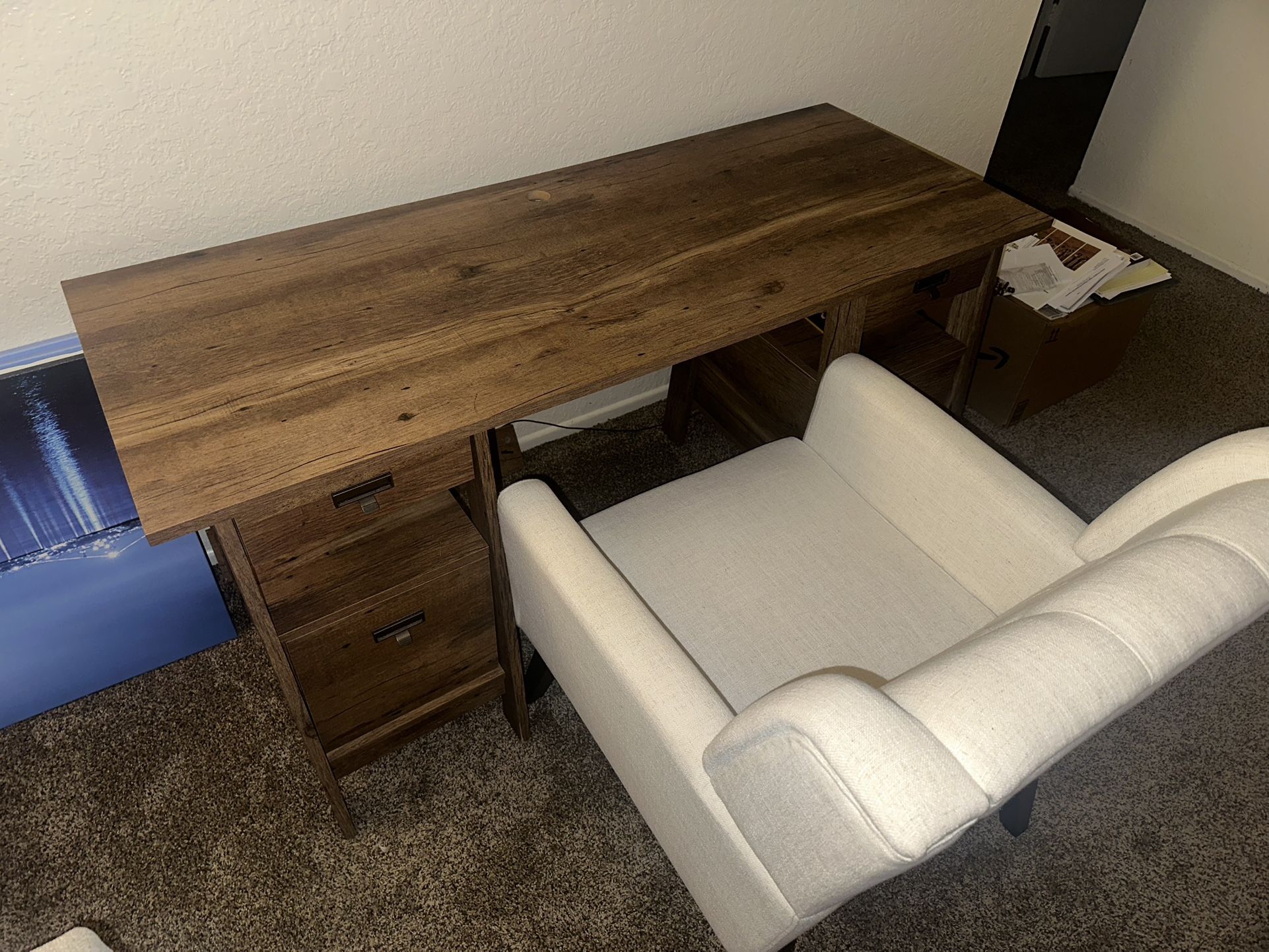 Wooden Desk with White Cloth Chair 