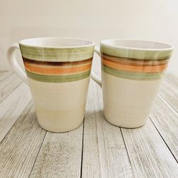 Set of 2 Gibson 4.5" Ceramic Beige Yellowish Coffee Mugs Tea Cups with Brown, Orange and Green Horizontal Striping Dishwasher, Microwave and Oven Safe