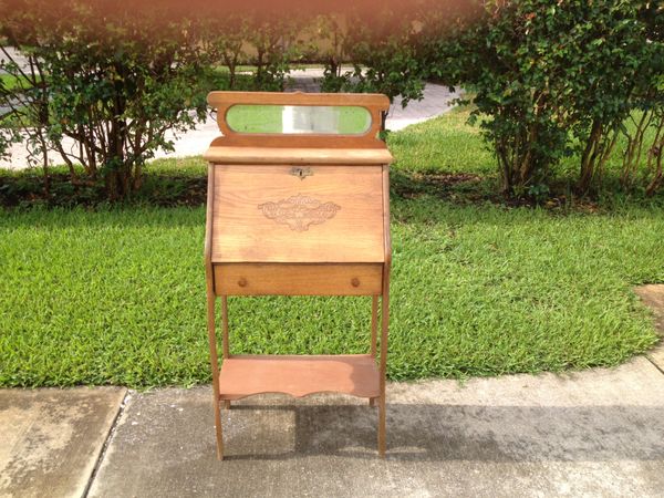 Beautiful Antique Oak Small Secretary Desk With Beveled Mirror For