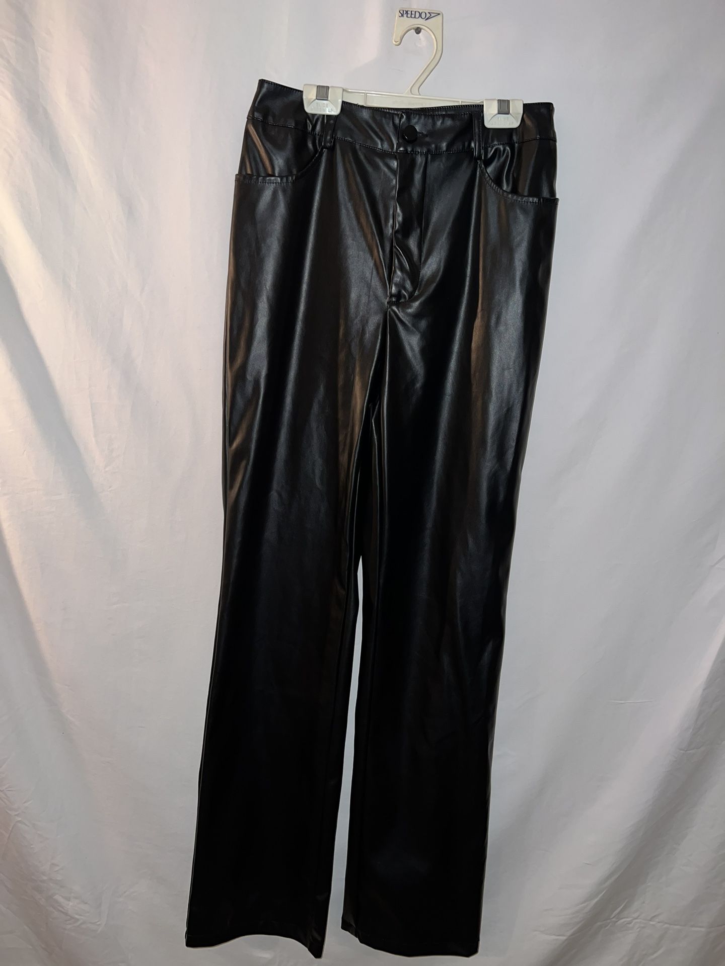 Ladies Womens size 4 cute faux leather black wide bottom boot cut dressy pants