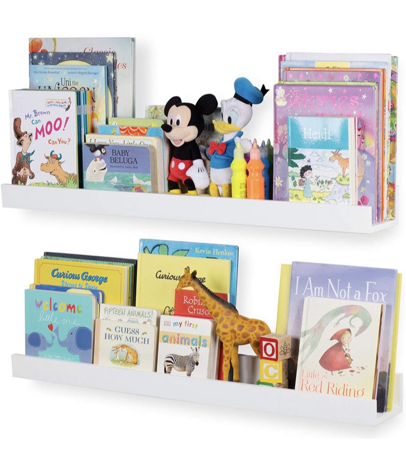 Wallniture Denver White Bookshelf for Kids' Room and Nursery Decor, 34 Inch Floating Shelves for Wall Storage