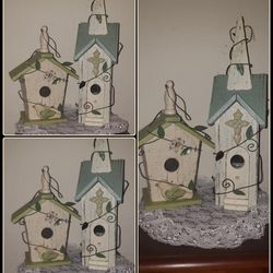 X2 SHABBY CHIC WOOD PORCELAIN ACCENT BIRDHOUSE BIRD HOUSE YARD GARDEN PATIO TREE HOME DECOR