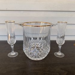 VINTAGE CRISTAL D'ARQUES LONGCHAMP GOLD ICE BUCKET & 2 CHAMPAGNE FLUTES
