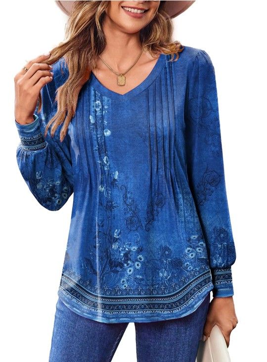 Blue printed pleated shirt Tunic long sleeve size Medium. (V)