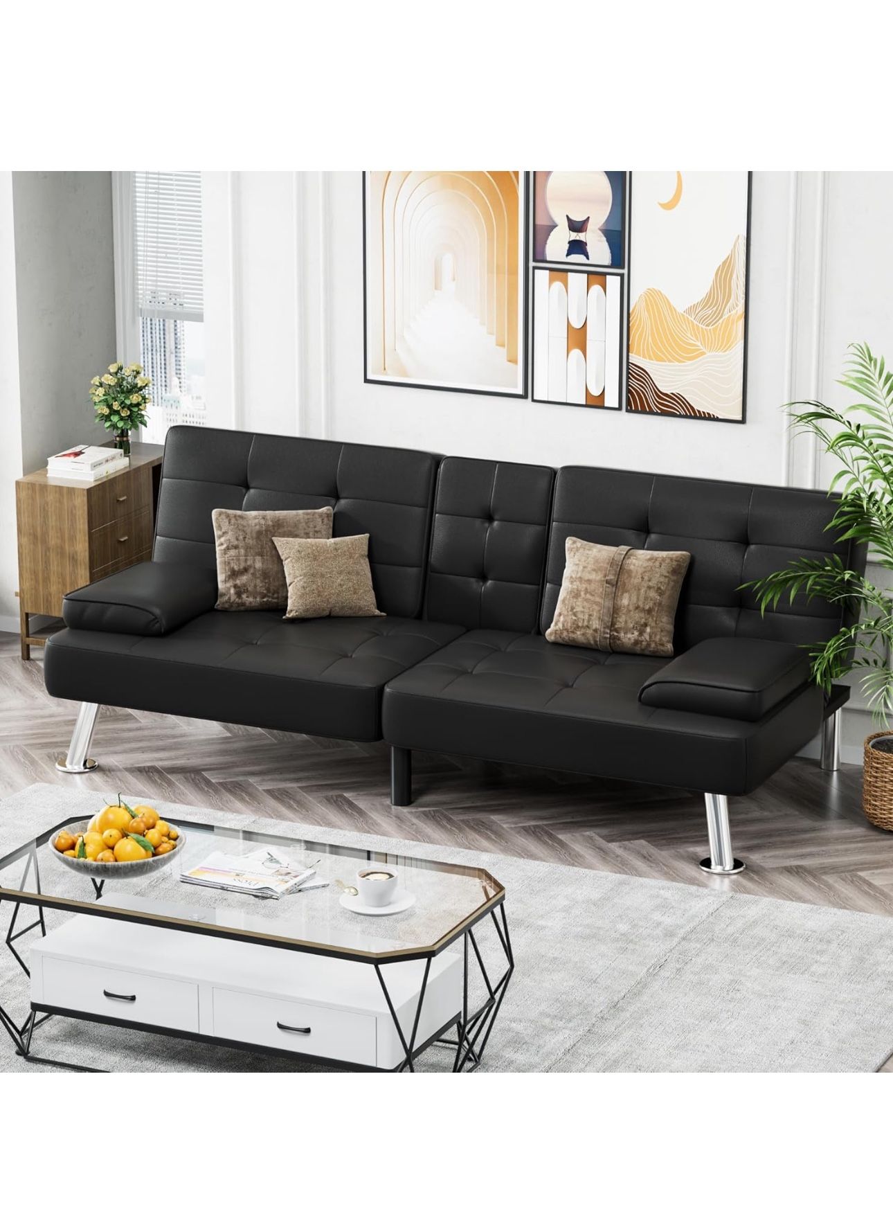 Homall Futon Sofa Bed, Leather Futon Couch, Adjustable Recliner Sleeper Sofa Bed, Black