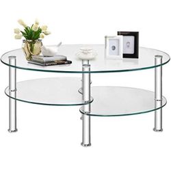 FANTASK Tempered Glass Coffee Table, Oval 3-Tier Steel Tea Table w/Spacious Glass Desk-Top, Open Storage Shelf, Modern End Side Table for Home Living 