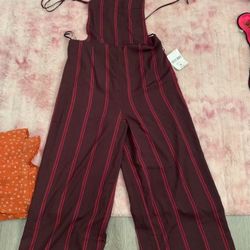 Burgundy and red striped jumpsuit with tie back and side slits