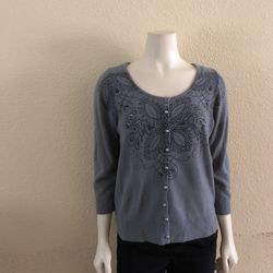 Unity World Wear Women’s Size L Gray Embellished Long Sleeved Button Cardigan